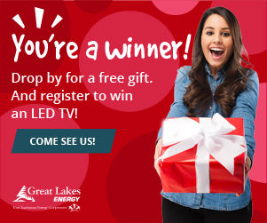 You're a winner! Drop by for a free gift and register to win an LED TV