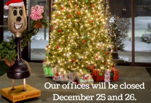 Christmas tree - our offices will be closed December 25 and December 26