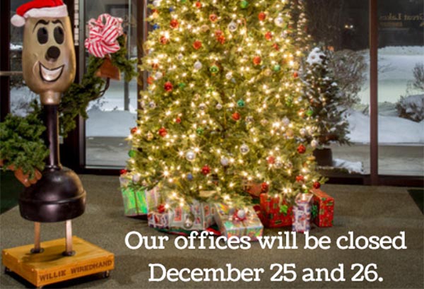 Christmas tree - our offices will be closed December 25 and December 26