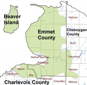Map of fiber pilot area in parts of Emmet, Charlevoix and Cheboygan counties