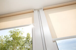 Window with sand colored roll blinds.