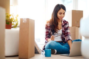 Woman working on a computer.