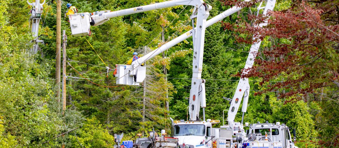 Two GLE bucket trucks extended with lineworkers working on poles.
